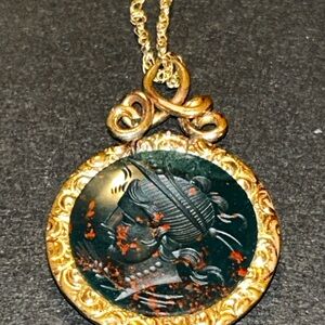 Victorian BloodStone soldier 14K Gold Pendant Necklace